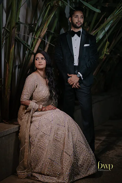 Bangalore bride in an embellished lehenga with bridal makeup and soft contour.