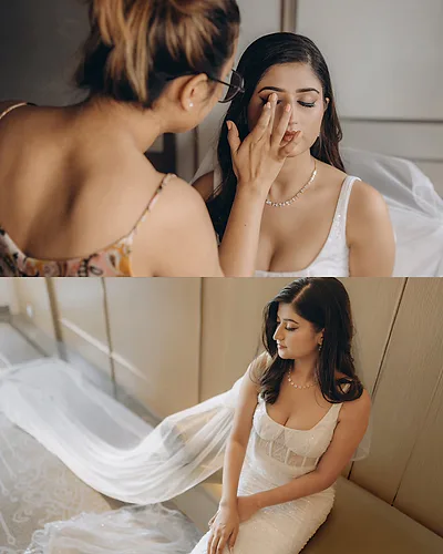 Bangalore bride in a white gown with bridal makeup and soft contour.